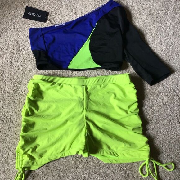 NWT Icon Swim 80s style Retro Neon Green and Blue Two-Piece Set - Picture 1 of 8
